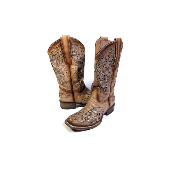 CORRAL Cowboy Square Toe Western Boots Antiqued Tan Metallic Inlay Women… - Picture 3 of 11